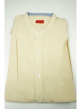 Isaia Pale Yellow Seersucker Striped Band Collar Cotton Dress Shirt 15.5/39 NEW
